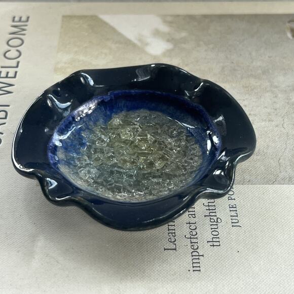 Art Studio Pottery Trinket Ring Dish Ashtray Blue Glaze Geode Crackle Glass - Picture 2 of 11